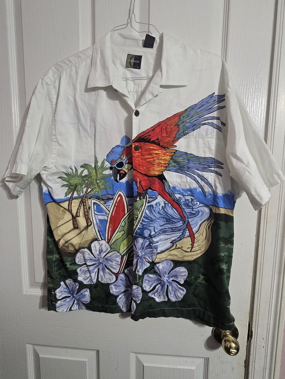 VTG Chiliwear Hawaiian Shirt Mens Large White Parrot Tropical Camp Button Up L